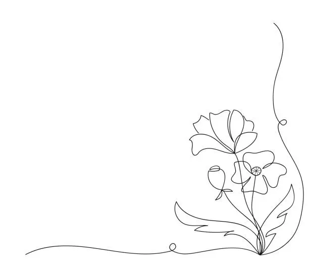 Vector illustration of Poppy flower drawn by one line, corner element. Sketch. Continuous line drawing memory symbol. Creative vector in minimalist style.