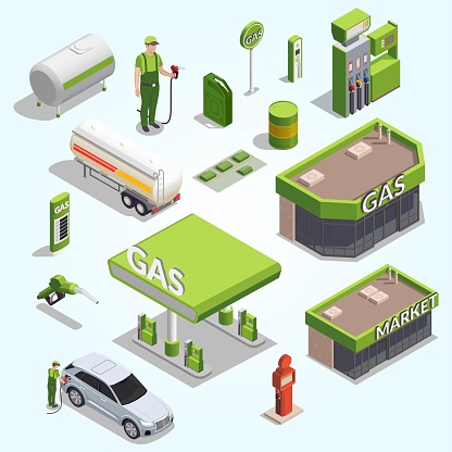 gas station isometric set icons images filling columns petrol cans buildings people vector illustration