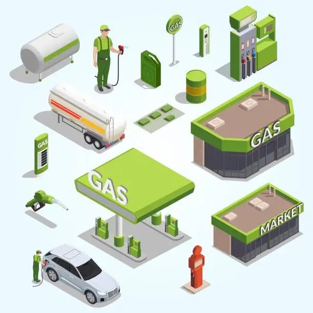 Vector illustration of gas station isometric set icons images filling columns petrol cans buildings people vector illustration