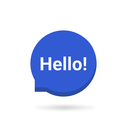 blue speech bubble with hello word. cartoon flat comic trendy simple logotype graphic art design isolated on white. concept of fun emblem like salutation and hi text in minimal popup or notice