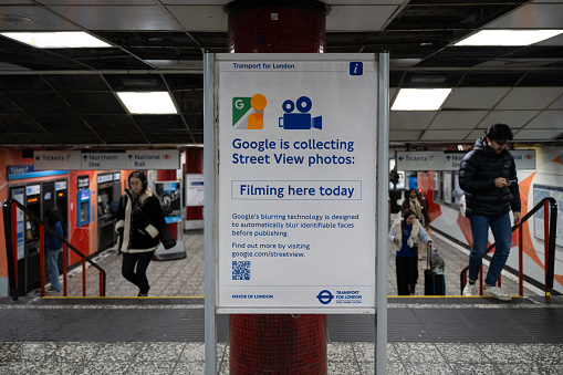 A poster at Old Street underground station in London informing that Google will be collecting photos for Street View.