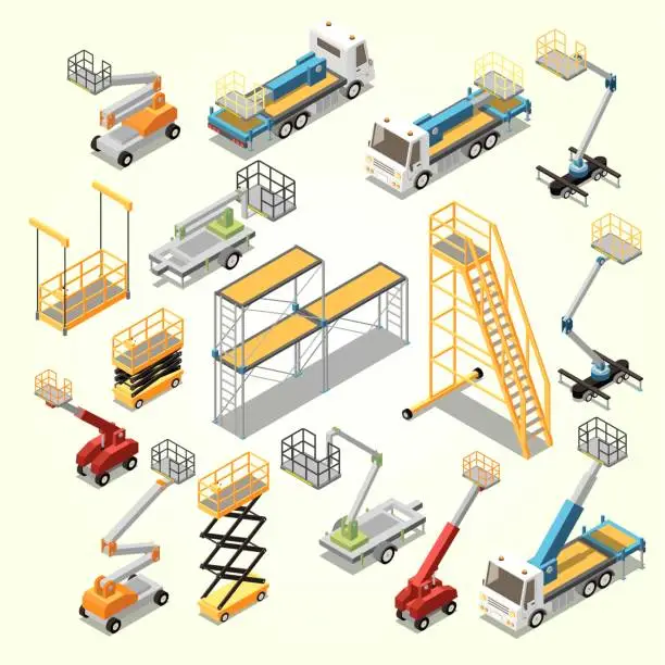 Vector illustration of lifting machinery height work isometric set scissors lifts engine powered booms high rise staircases
