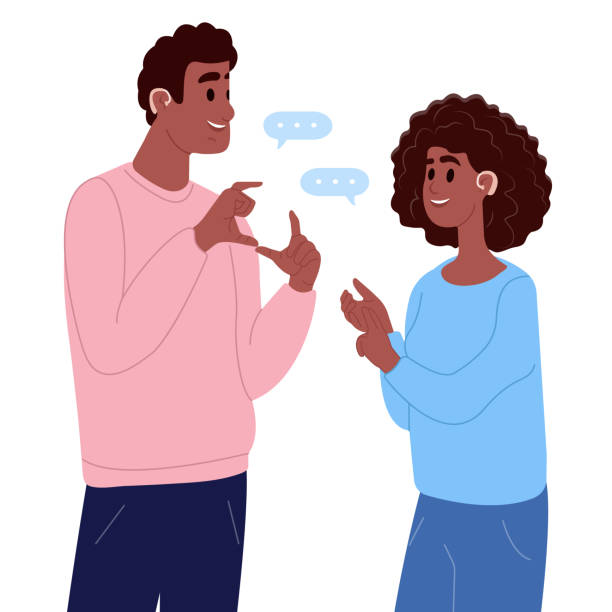 para głuchoniemych osób komunikujących się za pomocą języka migowego. mężczyzna i kobieta z wadą słuchu. światowy dzień głuchych i światowy dzień słuchu . międzynarodowy dzień języków migowych. - język migowy obrazy stock illustrations