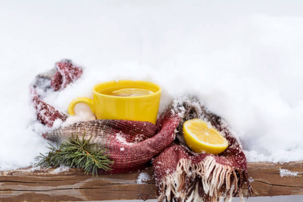 Cup of Hot Tea  in winter snow  wrapped with scarf