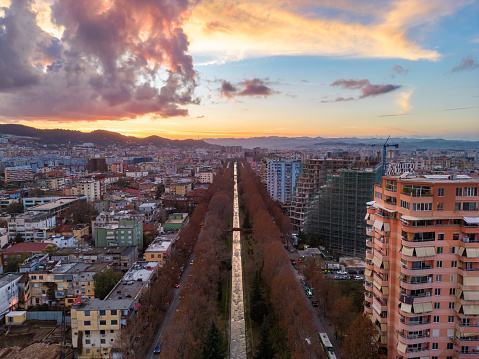 Aerial view of Tirana, Albanian Capital at sunset, dusk