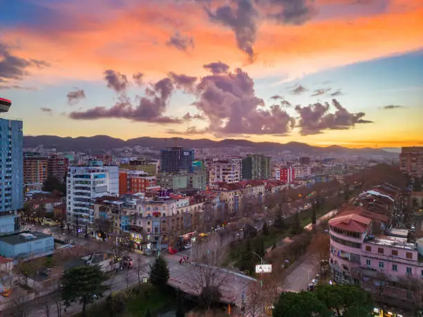 Aerial view of Tirana, Albanian Capital at sunset, dusk