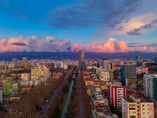 Aerial view of Tirana, Albanian Capital at sunset, dusk