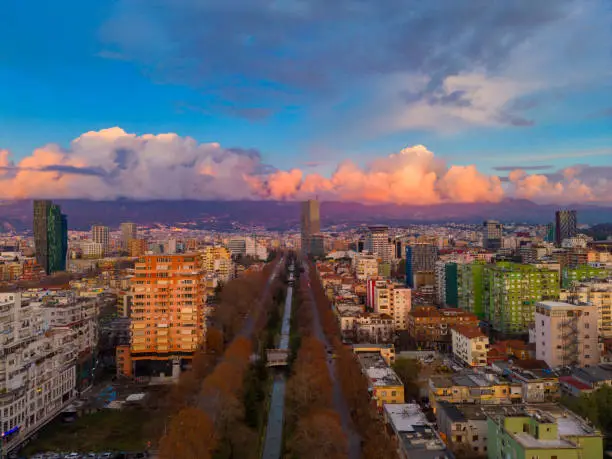 Aerial view of Tirana, Albanian Capital at sunset, dusk