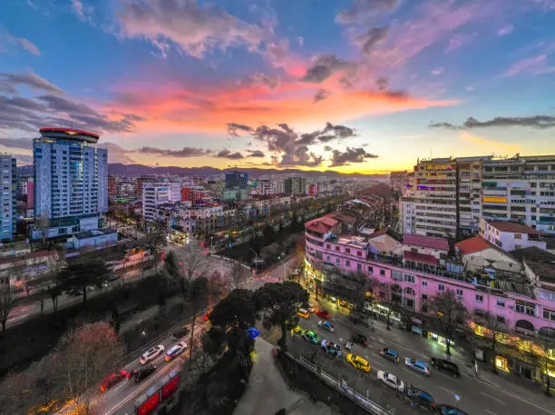 Aerial view of Tirana, Albanian Capital at sunset, dusk