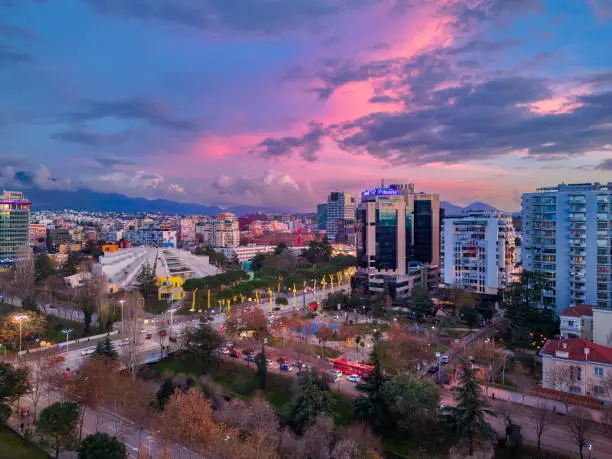 Aerial view of Tirana, Albanian Capital at sunset, dusk