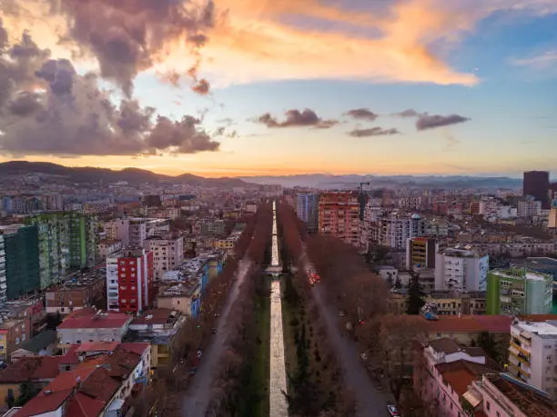 Aerial view of Tirana, Albanian Capital at sunset, dusk