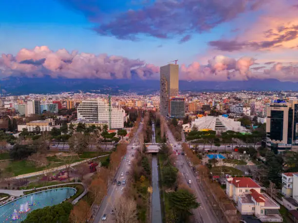 Aerial view of Tirana, Albanian Capital at sunset, dusk