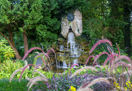 Dallas, Texas, USA - October 25th, 2021: Beautiful fountain in the Dallas Arboretum and Botanical Garden, Texas