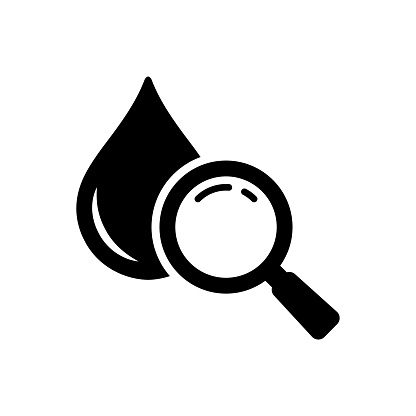 Research Water Quality Silhouette Icon. Magnifying Glass with Drop Water Black Pictogram. Laboratory Microbiology Test for Bacteria. Analysis Quality of Liquid. Vector Isolated Illustration.