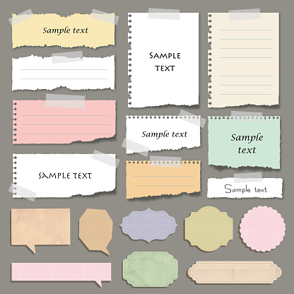 Torn paper set vector illustration isolated. Ripped paper strips stuck wiht sticky tape.
