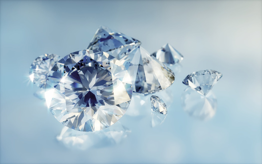 3d Render Diamonds Standing on a blue gradient background (Depth Of Field)