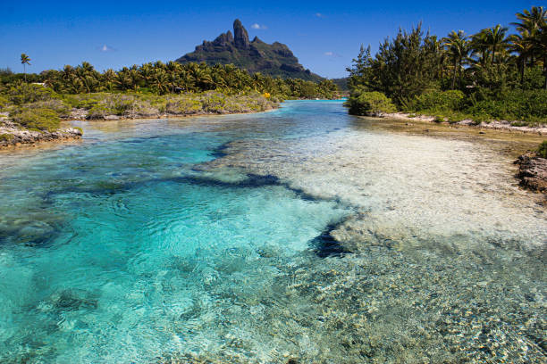 An aerial view of the stunning Bora Bora island, showing its crystal-clear waters, lush mountains, and surrounding coral reefs in French Polynesia