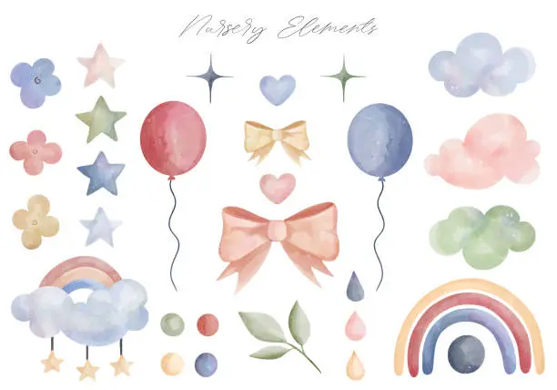 Vector illustration of Set of watercolor nursery elements. Rainbow clouds hearts ballons. Fantasy pastel color. Vector illustration