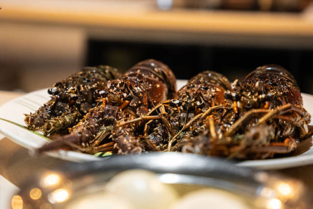 close up of fresh uncooked spiny lobsters on a plate on the kitchen table ready to cook. the most popular seafood dishes of the caribbean cuisine - gourmet food lobster seafood photos et images de collection