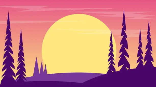Vector illustration of Forest at Sunset with Fir Trees Flat Landscape