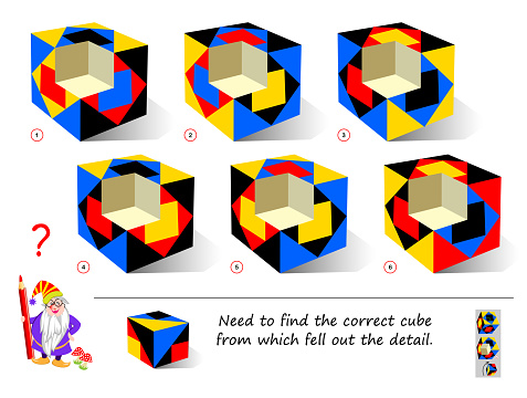 Logic puzzle game for smartest. Find the correct cube from which fell out the detail. Printable page for brain teaser book. Developing 3D spatial thinking skills. IQ training test. Vector image.