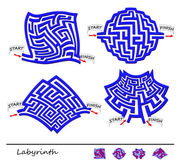 Vector illustration of Logical puzzle game with labyrinth for children and adults. Set of little mazes. Find the way from start till finish. Printable worksheet for kids brain teaser book. IQ test. Vector cartoon image.