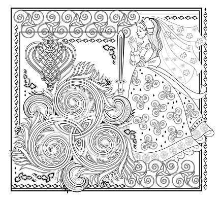 Fantasy drawing of beautiful Celtic fairy and medieval decoration. Black and white page for coloring book. Rich ornate background. Middle ages princess from Breton fairy tale. Hand-drawn vector image.