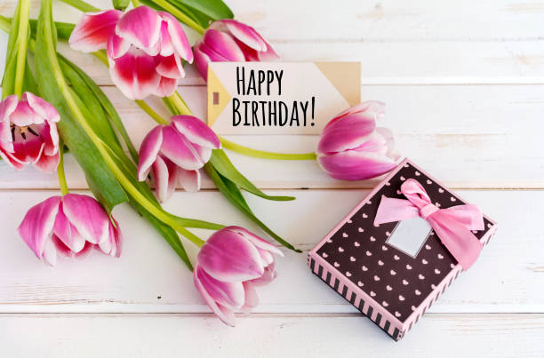 istock Happy Birthday Greeting Card with Pink Tulips 1998133084