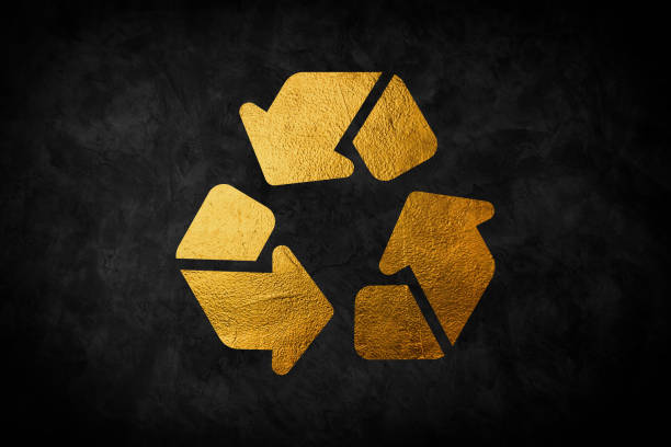 istock Gold Recycle symbol icon isolated on black background. Circular arrow icon. Environment recyclable go green. Long shadow style. Vector. 1998143682