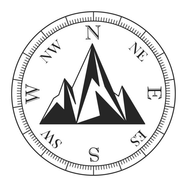 ilustraciones, imágenes clip art, dibujos animados e iconos de stock de una imagen de montañas y una brújula. logotipo de expedición de aventura. - compass rose north mountain vector