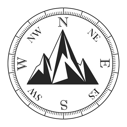 An image of mountains and a compass . Adventure expedition logo.