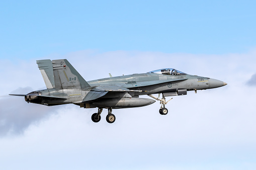 Royal Canadian Air Force CF-18 Hornet fighter jet from 3 Wing CFB Bagotville arriving at Leeuwarden Air Base. The Netherlands - March 30, 2022