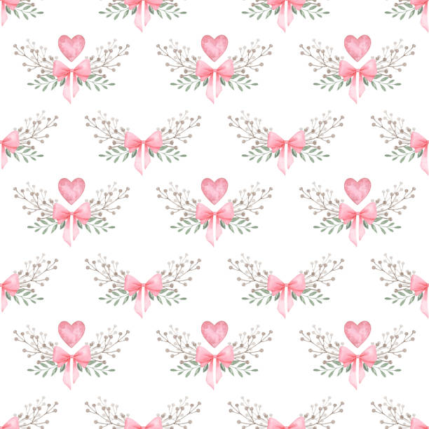 istock Botanical seamless pattern with pink hearts and bows. Watercolor hand painted background. 1998251707