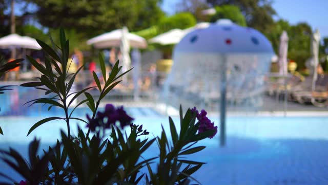 Poolside area with umbrellas and lush foliage in a luxury resort in 4k slow motion 120fps