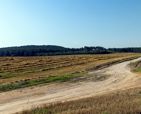 Rural road for cars and transport, ruts and traces of cars on a sandy road in rural areas