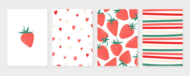 Set of cards with strawberries Strawberry cards, summer party. Design elements for fabric, wallpaper, invitation, baby shower, greeting cards, advertising banner, textile, backdrop, wrapping, packaging pics for heart shape design stock illustrations