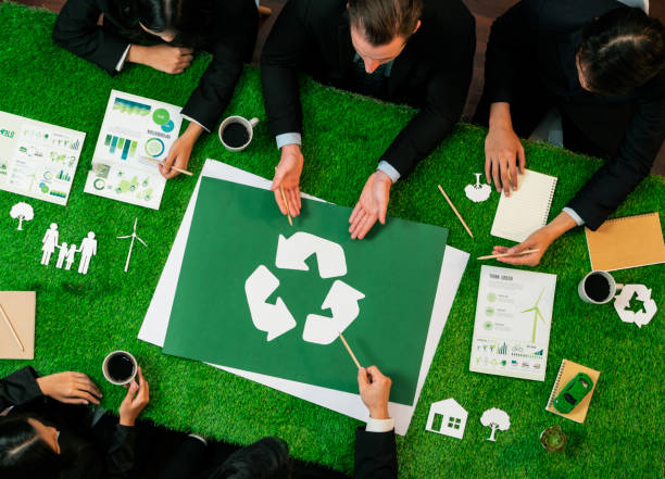 istock Top view panorama banner recycle icon on meeting table. Quaint 1998304302