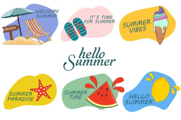 Vector illustration of Summer lettering set with cute holiday elements. Big cute set of summer labels, stickers, logos, hand drawn tags and elements for summer vacation. Template for tropical paradise vacation advertising.