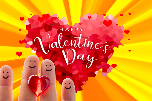 Red low-poly stylized heart with radial light beams and happy finger family with a red heart. Happy Valentine's Day lettering. Can be used as a design for romantic, family, Valentine's day holiday greeting cards or posters.