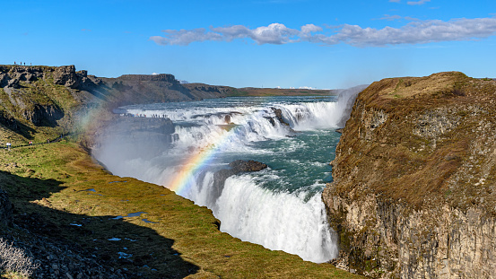 Gullfoss waterfall with rainbow, in Iceland