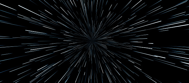 Star warp. Hyperspace jump, traces of moving stars light and interstellar fast speed travel