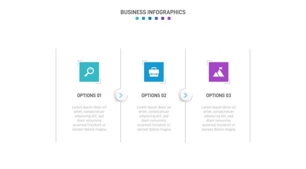 ilustraciones, imágenes clip art, dibujos animados e iconos de stock de infografía de línea de tiempo con infochart. plantilla de presentación moderna con 3 spets para procesos de negocio. plantilla de sitio web sobre fondo blanco para el concepto de diseño moderno. disposición horizontal. - tres objetos
