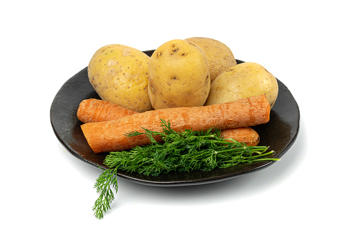 Boiled Potato in Skin Isolated, Whole Prepared Unpeeled Vegetables, Healthy Diet Ingredient Boiled Potato and Carrots on White Background