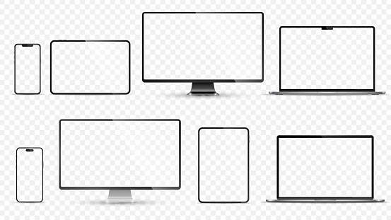 Device screen mockup. Smartphone, tablet, laptop and monoblock monitor, with blank screen for you design. Stock royalty free vector illustration