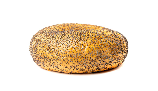Poppy Seed Bagel Isolated, One Round Bread Bun, Poppyseed Wheat Bakery for Breakfast, Plain Circle Bagel Bread on White Background