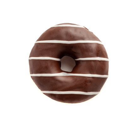 Chocolate Doughnuts Isolated, Brown Donuts with White Stripes, Cocoa Doughnuts on White Background