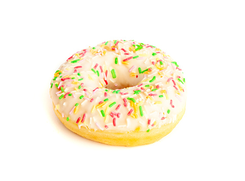 Yellow Doughnuts Isolated, Glazed Frosted Donuts with Colorful Sprinkles, Circle Cake Doughnuts on White Background
