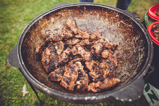 The cauldron is sitting on the ground and there is a green field in the background. The meat is brown and looks delicious. There is smoke rising from the cauldron.
