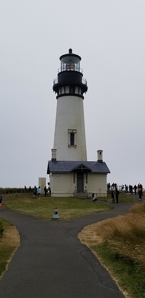 The picture depicts a lighthouse amidst an overcast day, with its white facade standing prominently against a grey sky. The lighthouse has a cylindrical tower with a black dome where the light fixture is housed; atop it is a smaller black dome, likely a vent or roof feature. Several windows punctuate the tower and attached building, providing light to the interior. The lighthouse is attached to a smaller structure, presumably a keeper's house, with a dark roof that matches the colors of the domes. A well-trodden path leads up to the structure, flanked by grassy areas. A number of visitors can be seen around the lighthouse, some close to the building and others in the distance, adding a sense of scale. Overall, the image conveys a sense of solitude and vigilance, typical of lighthouses that serve as beacons for mariners.