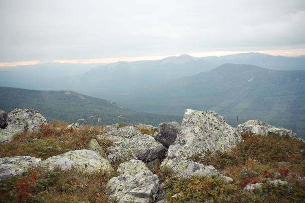 скалистый горно-тундровый ландшафт с крупными валунами и редкой растительностью под пасмурным небом - 5107 стоковые фото и изображения